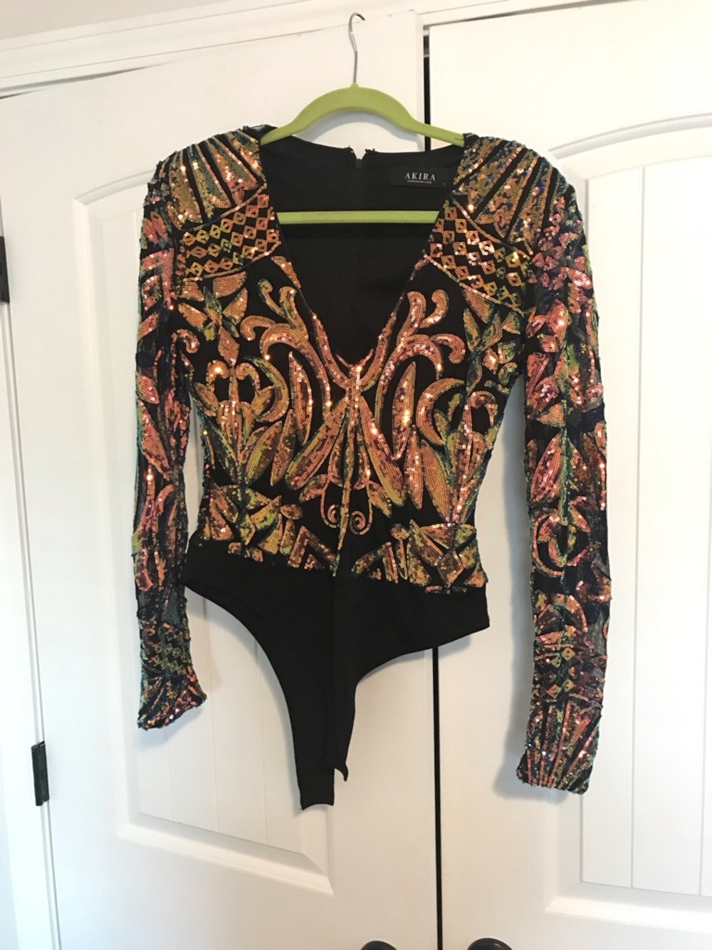 AKIRA Black Bodysuit with Multicolor Sequin Embellishment